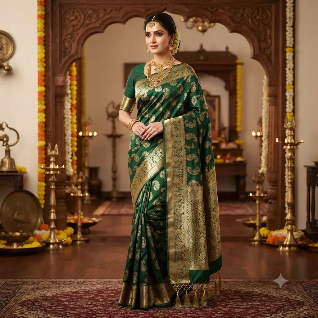 Tamirra Semi Silk Saree – Bottle Green Classic Weave – Tamirra Silks