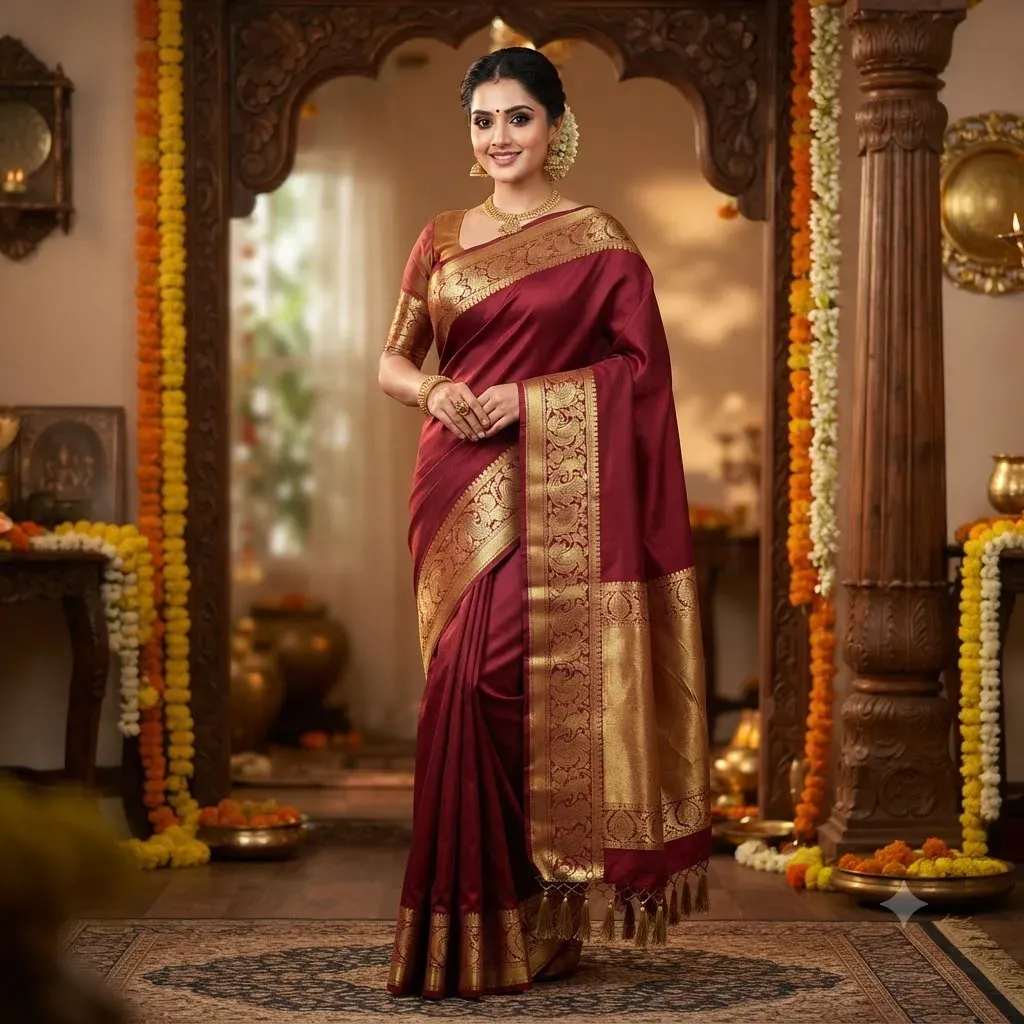 Tamirra Semi Silk Saree – Wine Gold Border – Silk Saree | New Arrival | Tamirra Silks