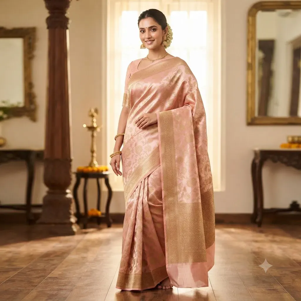 Tamirra Soft Silk Saree – Peach Pink Zari Elegance – Silk Saree | New Arrival | Tamirra Silks