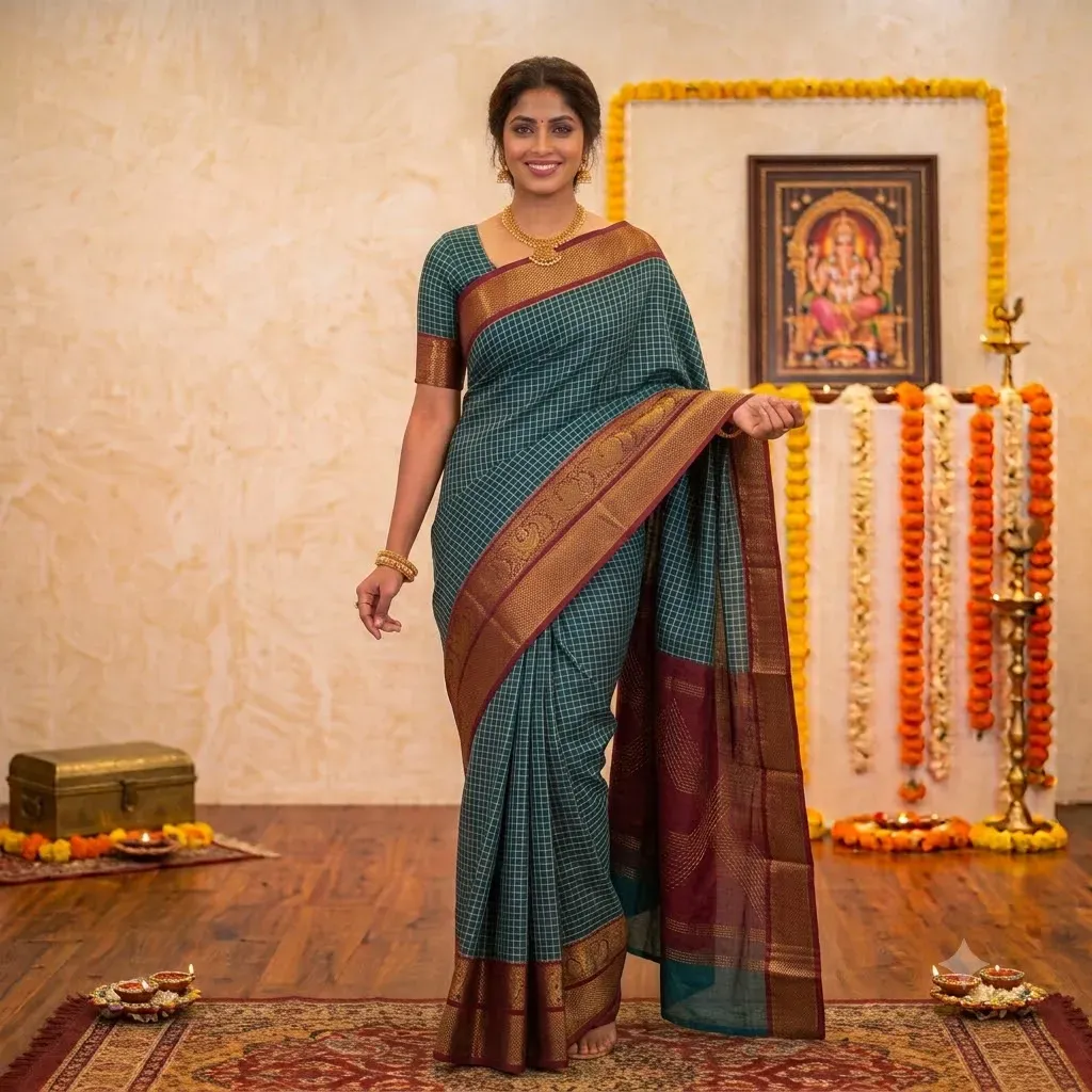 Micro-Check Heritage Cotton Saree – Cotton Saree | Tamirra Silks