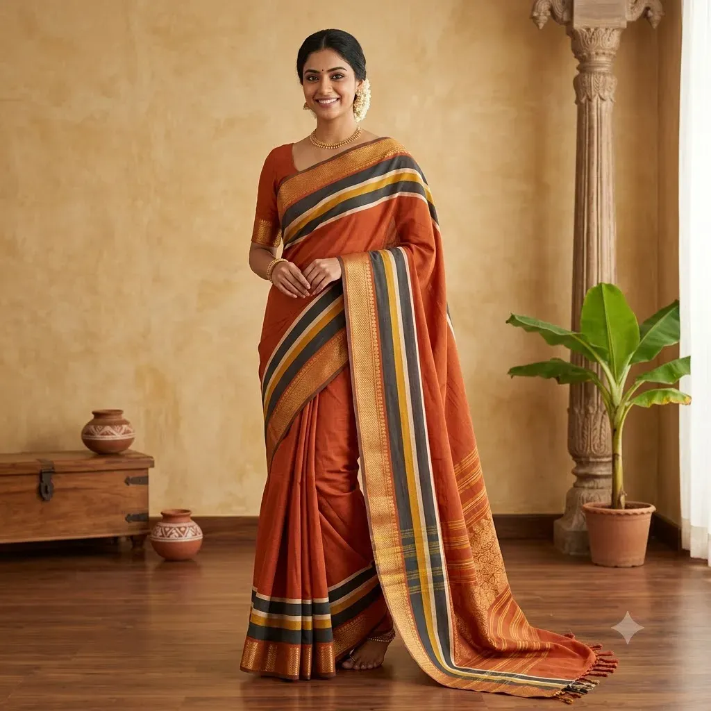 Chettinad Bold Stripe Heritage Cotton Saree – Tamirra Silks