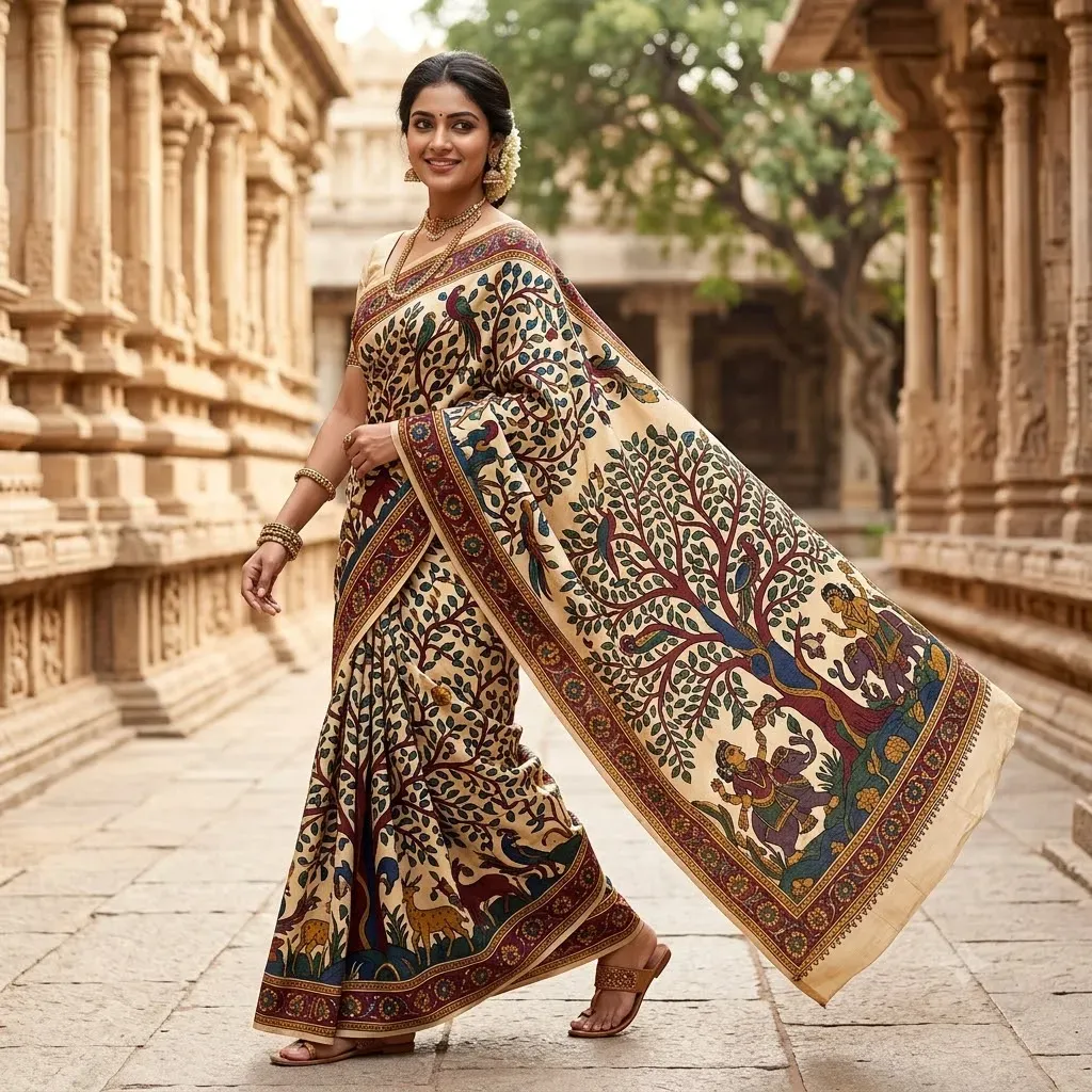 Srikalahasti Hand-Painted Tree of Life Kalamkari Saree – Cotton Saree | Tamirra Silks