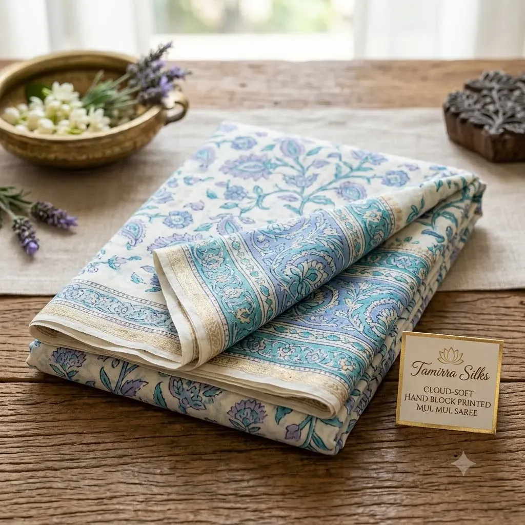 Cloud-Soft Hand Block Printed Mul Mul Saree – Cotton Saree | Tamirra Silks