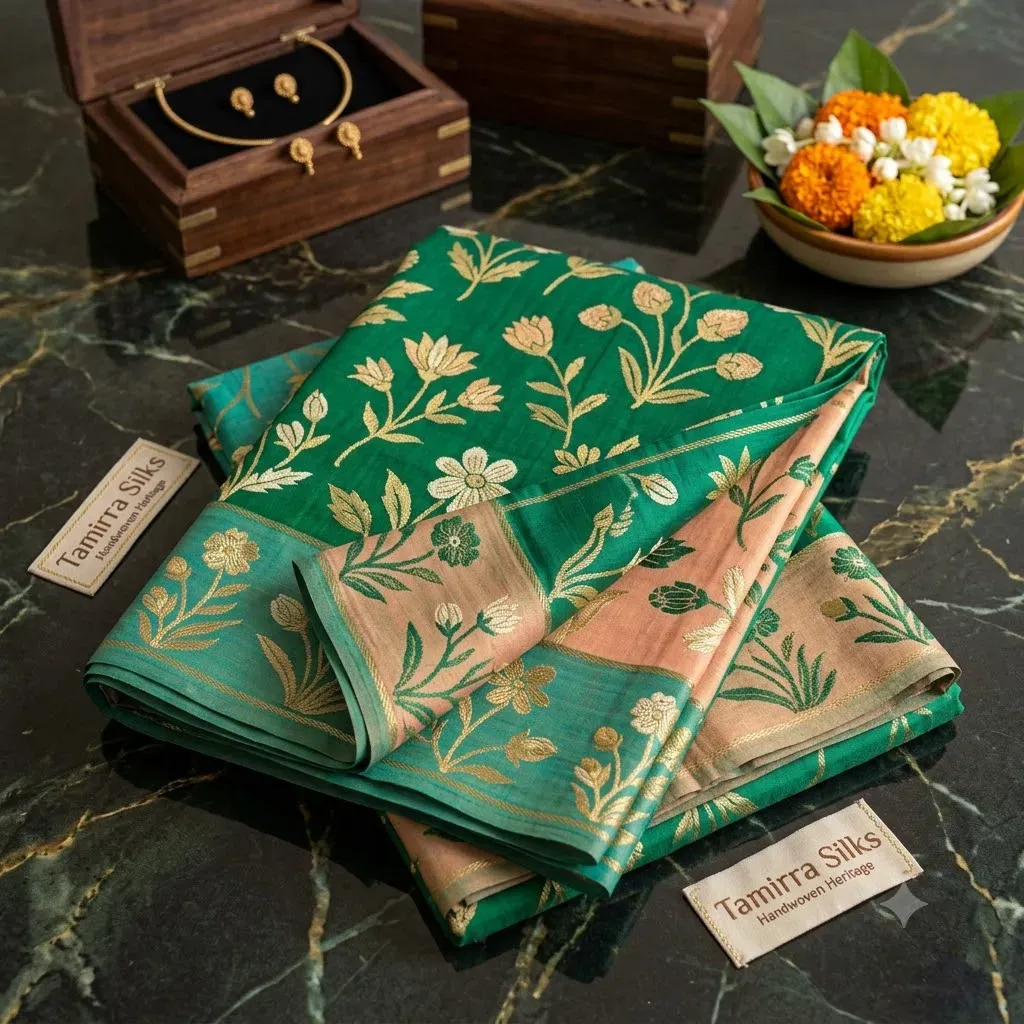 Contemporary Floral Motif Silk Cotton Saree – Tamirra Silks